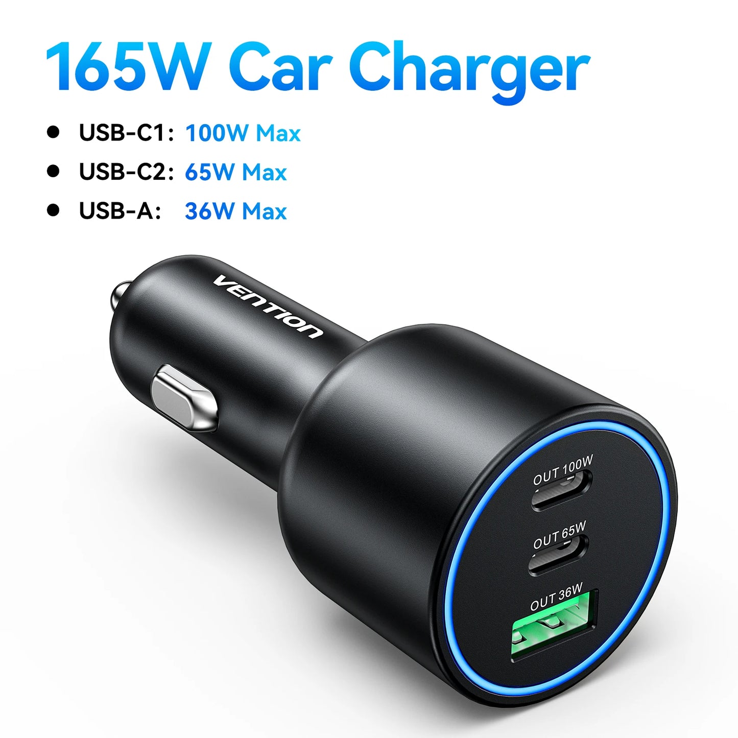 Vention 165W USB C Car Charger 3-Port Charging Adapter