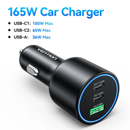 Vention 165W USB C Car Charger 3-Port Charging Adapter