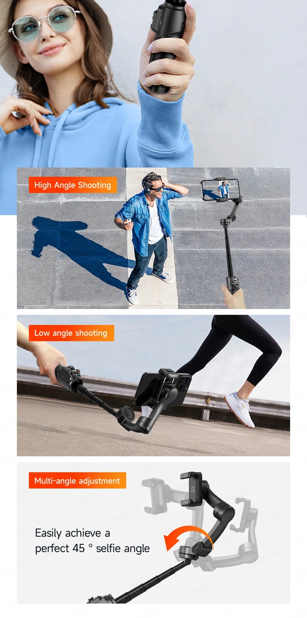 Foldable 3-Axis Phone Gimbal Stabilizer with Telescopic Rod