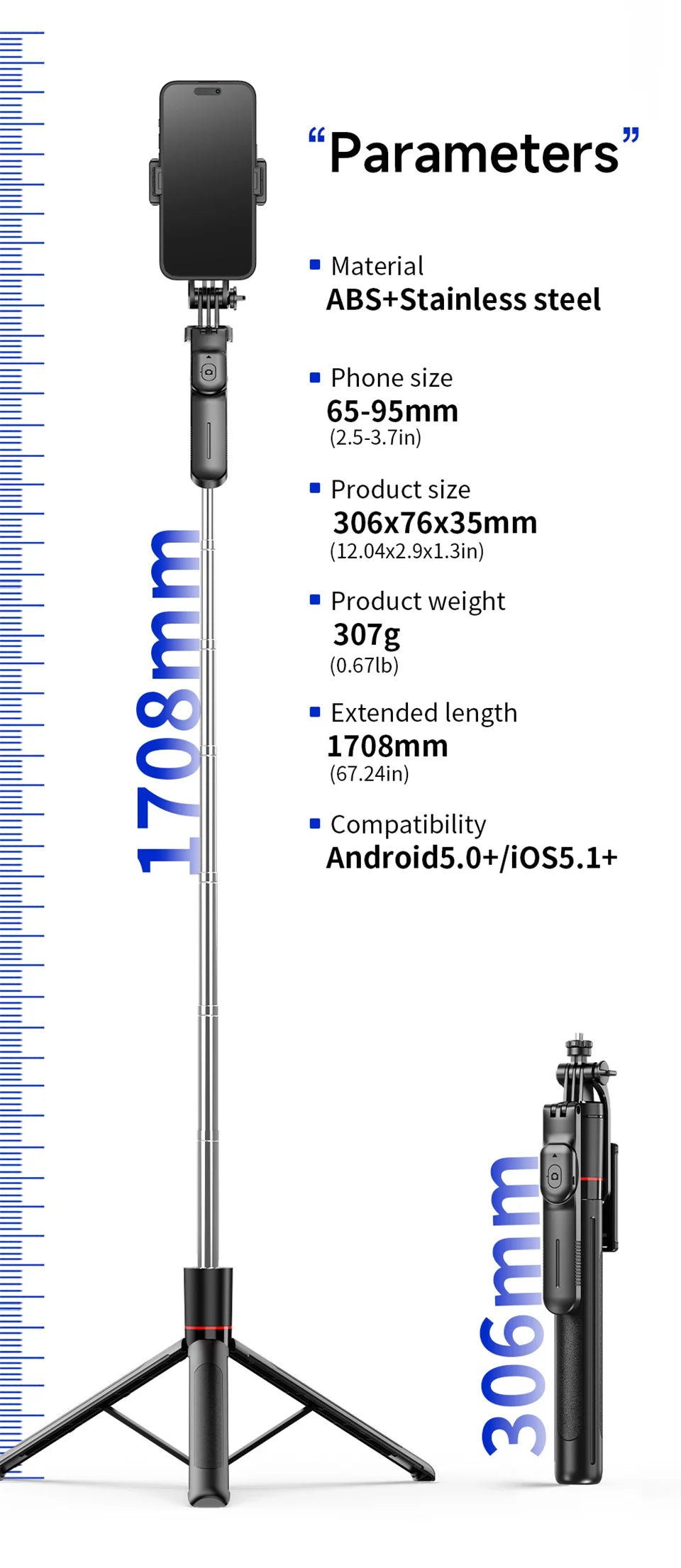 Selfie Stick Tripod with 1708mm Long Monopod Fill Light