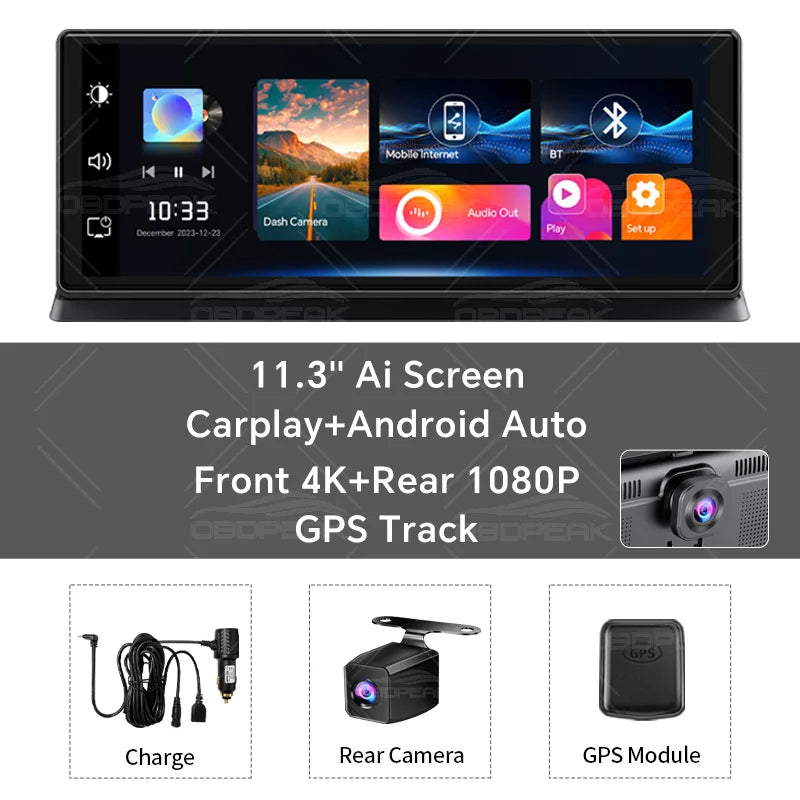 K2 Pro 11.3" Car DVR 4K Camera Wireless Carplay Dash Cam