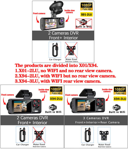 Dash Cam 2/3 Channel Car Black Box WiFi DVR HD 1080P