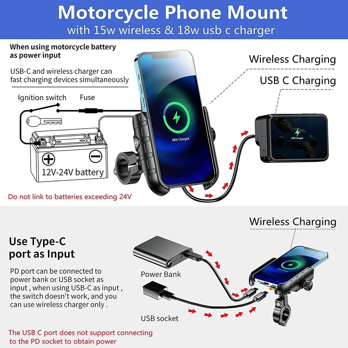 Motorcycle Phone Holder Wireless Charging Cradle 3.0 Quick Charger