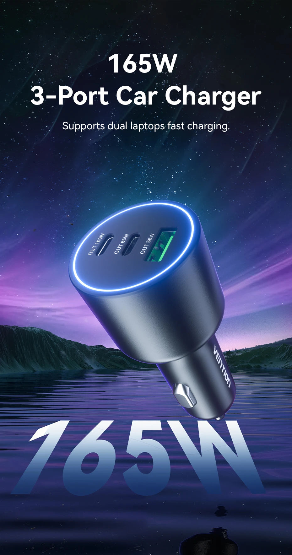 Vention 165W USB C Car Charger 3-Port Charging Adapter