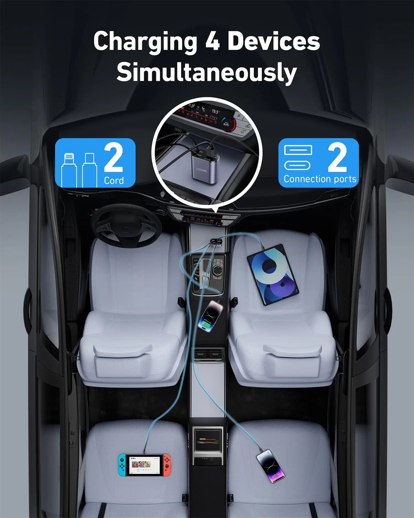 4 IN 1 Retractable Car Charger Mobile Phone USB PD Type C