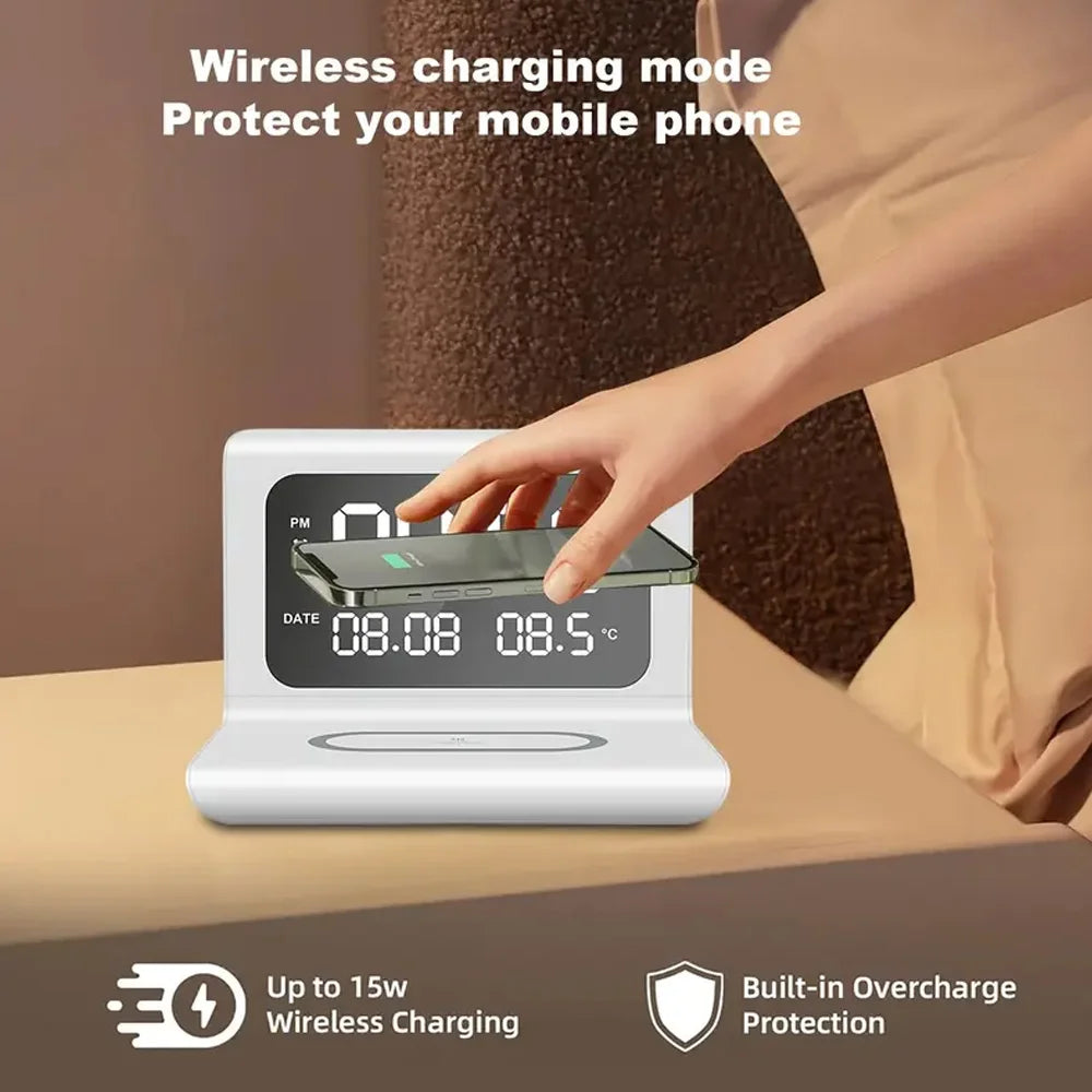 Fast Wireless Charger Pad Stand with Alarm Clock & Thermometer