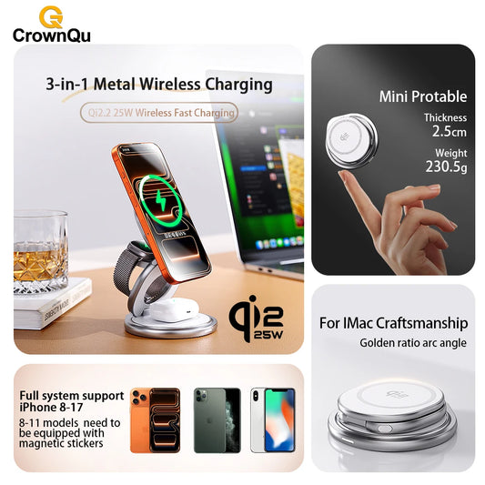 3-in-1 Metal Magnetic Wireless Charger 25W Fast Charging