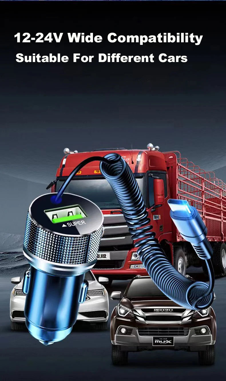 Metal USB Car Charger with Type C Cable 12V Super Fast Charging