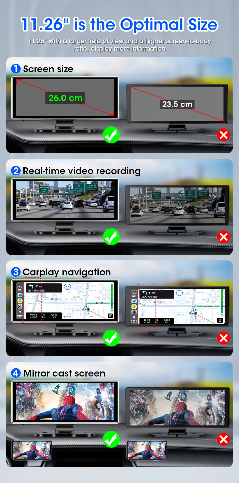 10/11.26 Inch 4K DVR Wireless CarPlay & Android Auto Dash Cam