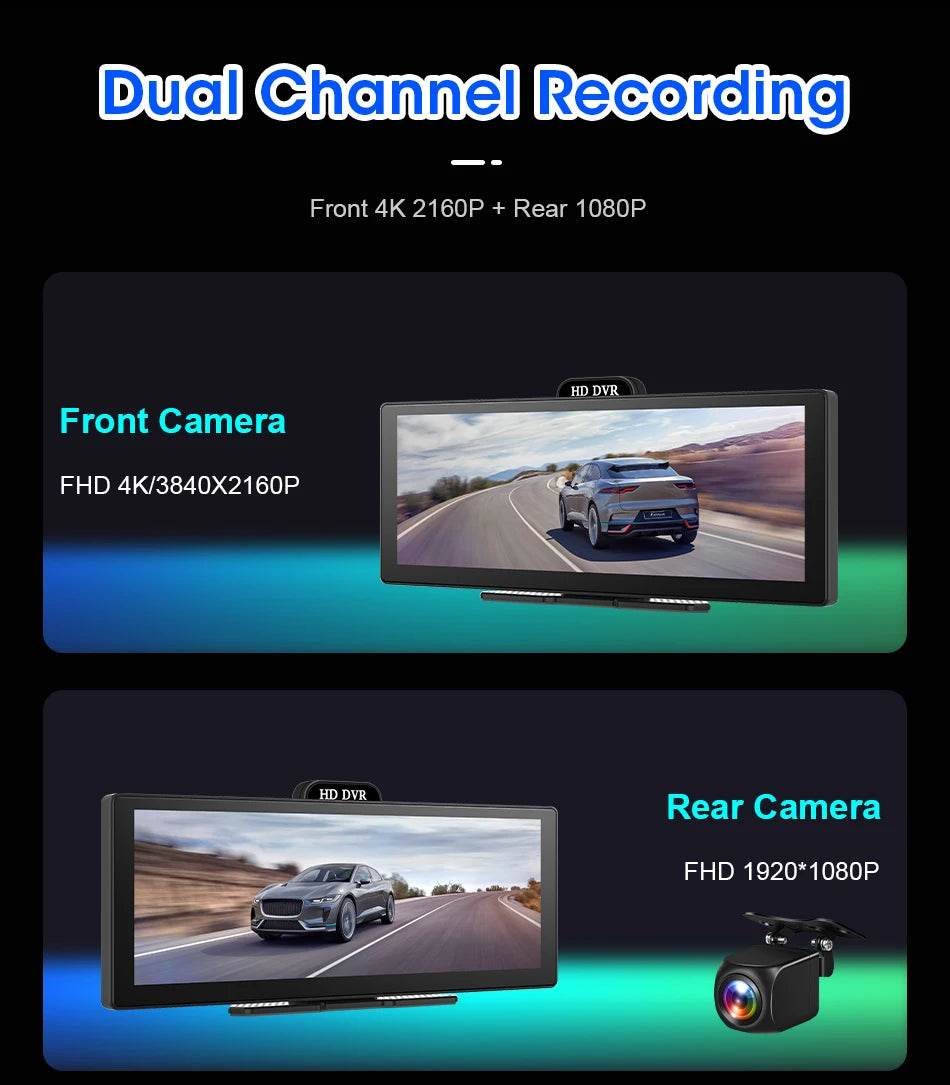 10/11.26 Inch 4K DVR Wireless CarPlay & Android Auto Dash Cam