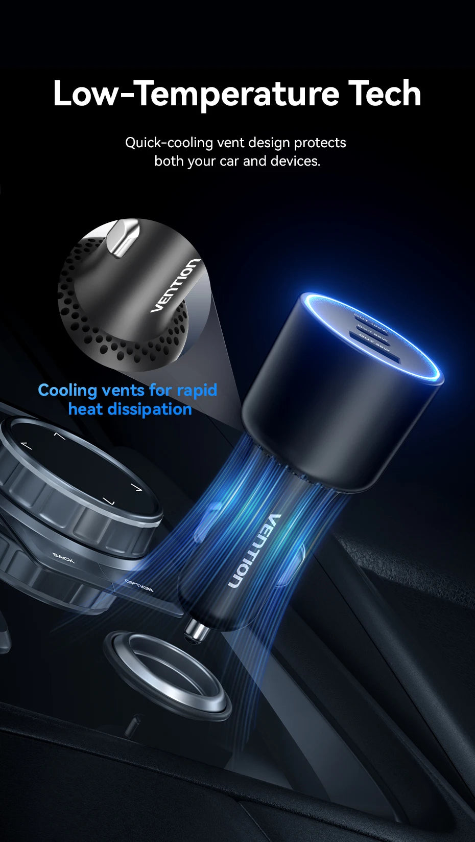 Vention 165W USB C Car Charger 3-Port Charging Adapter