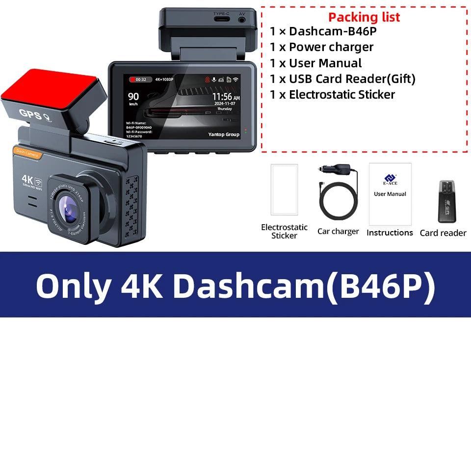 E-ACE Dash Cam 4K 3 Inch Mini Car Dvr Dual Lens