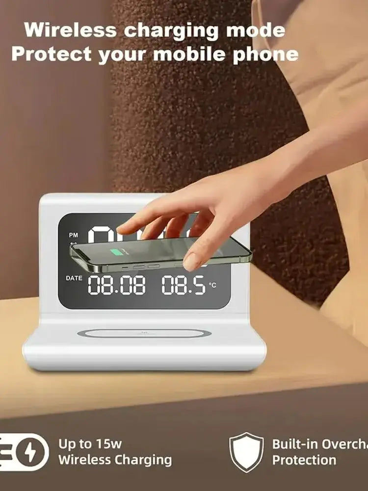 Fast Wireless Charger Pad Stand with Alarm Clock & Thermometer