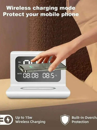 Fast Wireless Charger Pad Stand with Alarm Clock & Thermometer