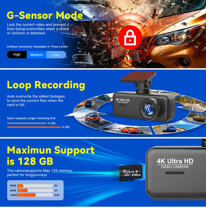 4K UHD WiFi Dash Cam for Car DVR Camera Front and Rear Dual Video