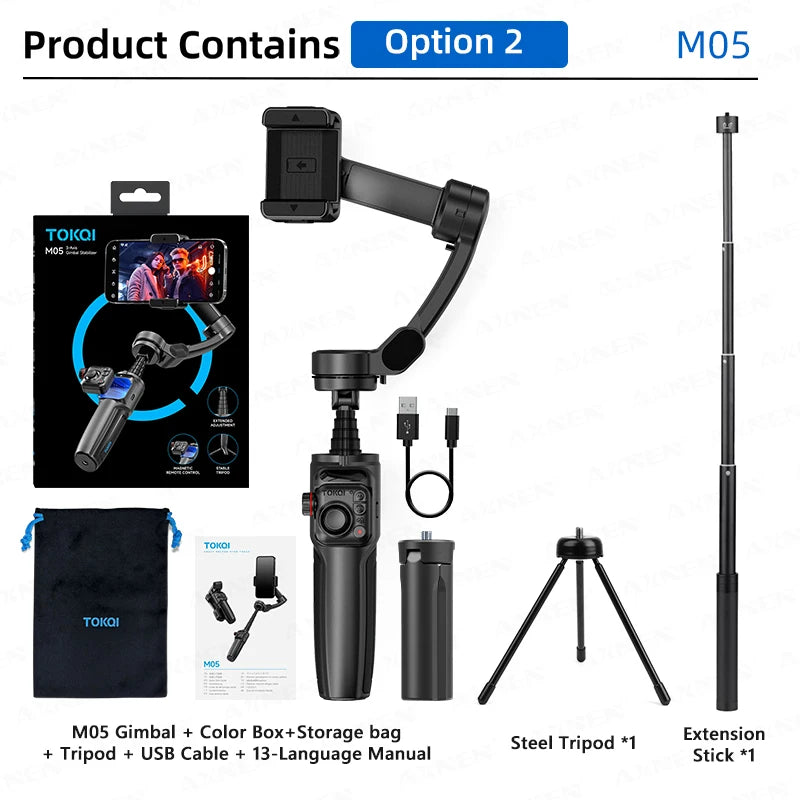 Foldable 3-Axis Phone Gimbal Stabilizer with Telescopic Rod