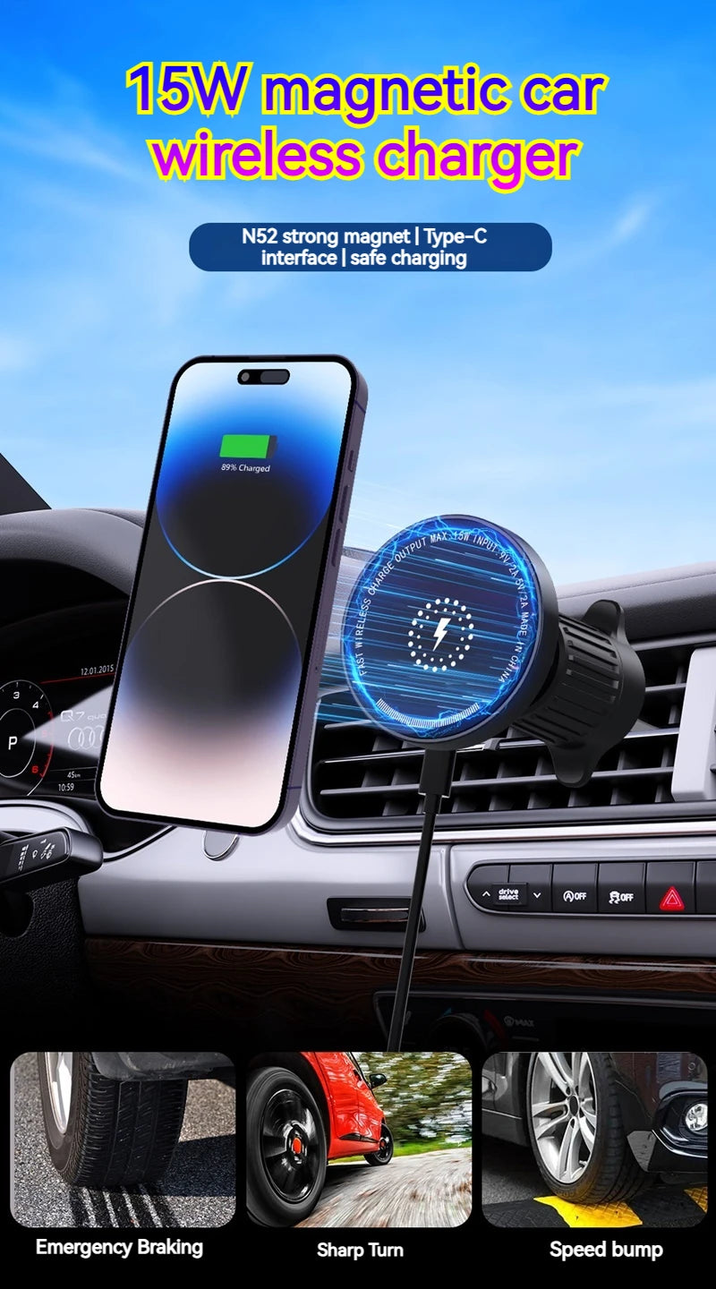 15W Car Magnetic Wireless Charger Holder with Metal Body - Fits Vent