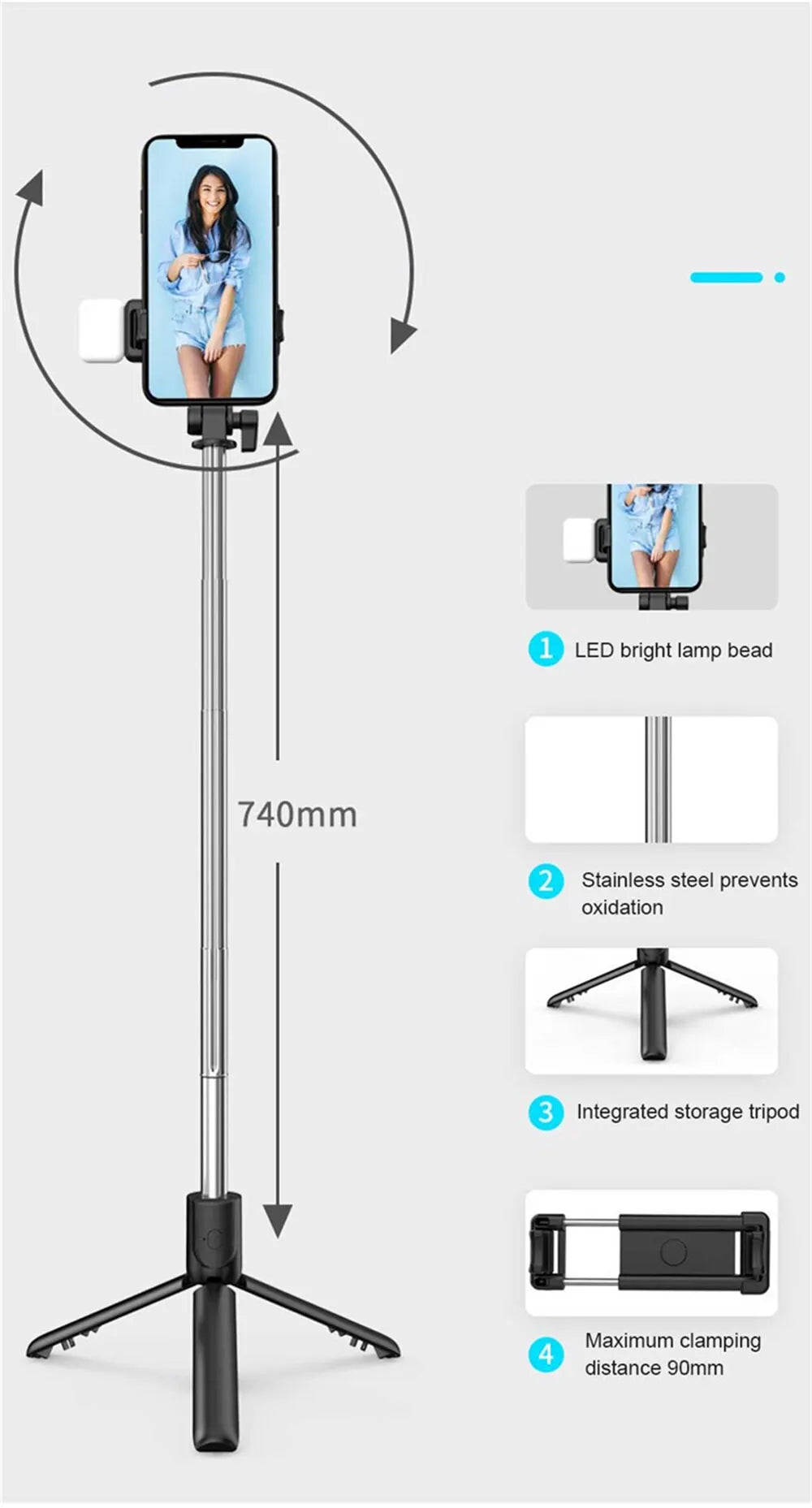 Phone Selfie Stick Tripod Bluetooth Remote Wireless Selfie Stick