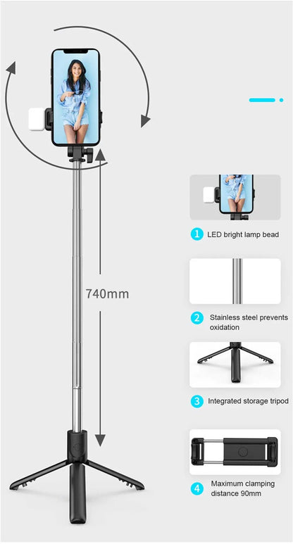 Phone Selfie Stick Tripod Bluetooth Remote Wireless Selfie Stick