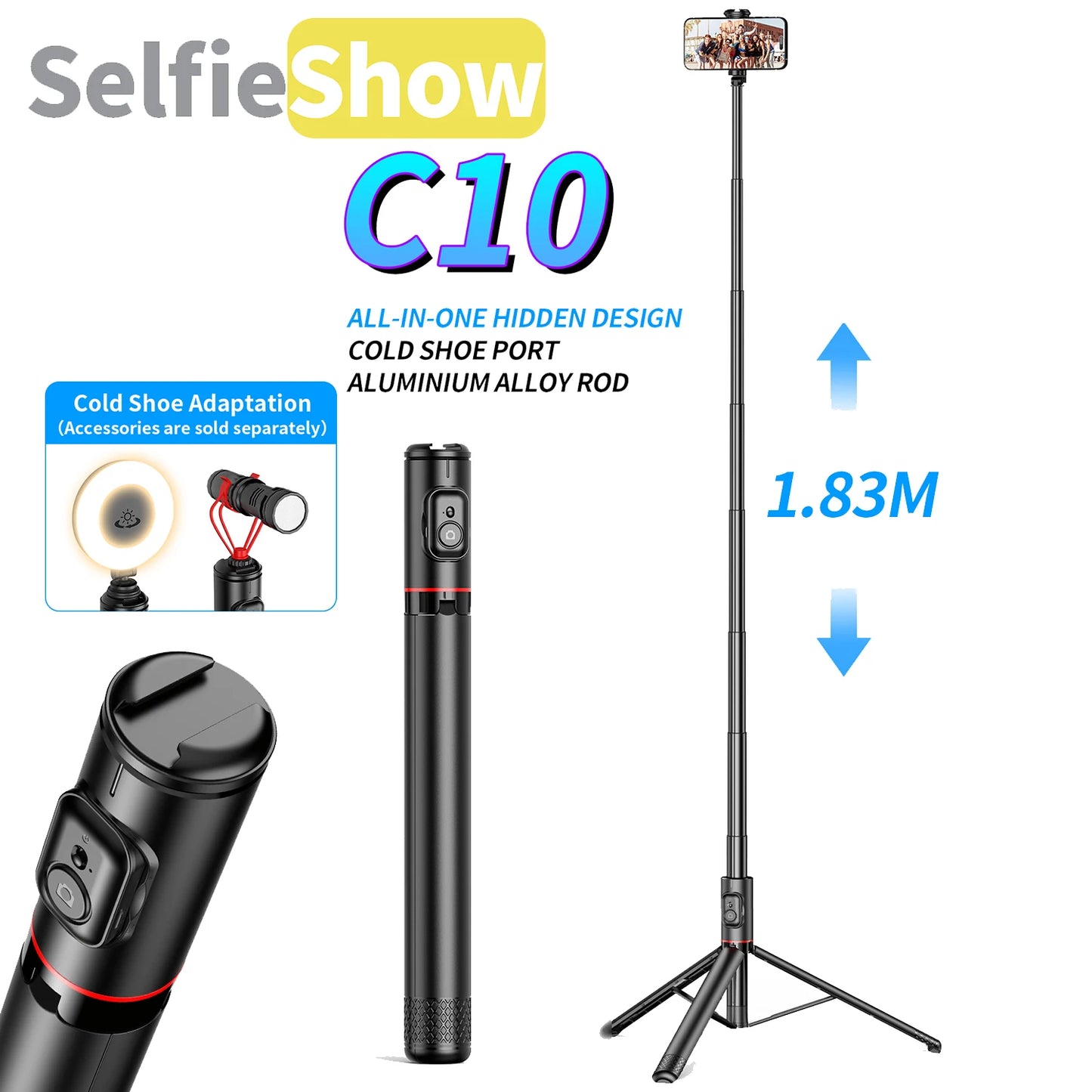 C10 Selfie Stick 72 Inch Aluminum Alloy with Wireless Bluetooth