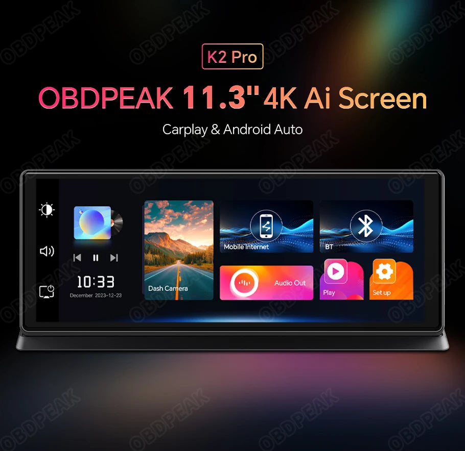 K2 Pro 11.3" Car DVR 4K Camera Wireless Carplay Dash Cam