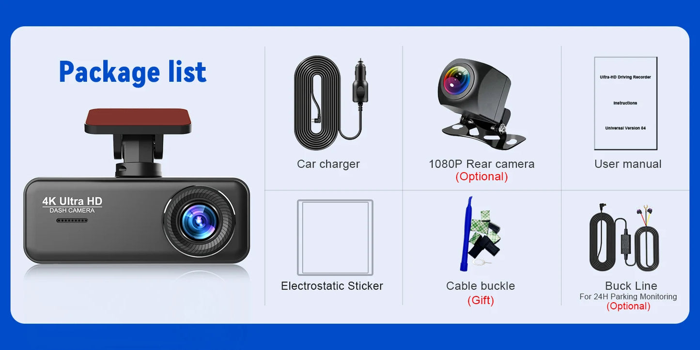 4K UHD WiFi Dash Cam for Car DVR Camera Front and Rear Dual Video