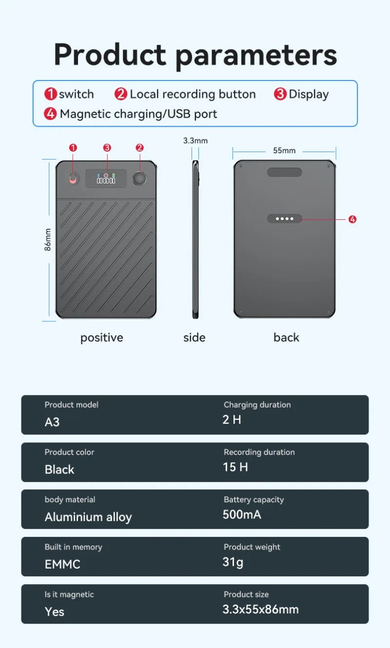 AI Voice Recorder with Display Screen 8-256GB Intelligent Note