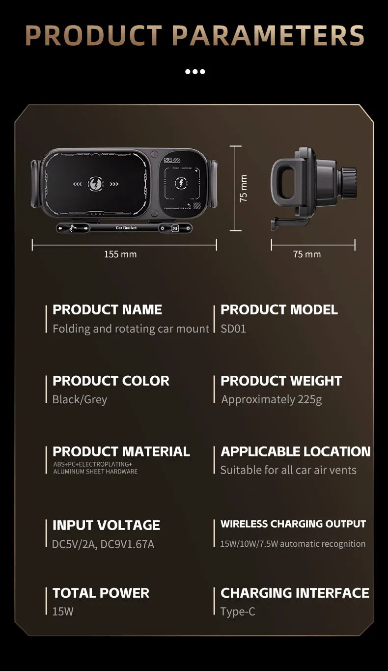 Dual Coil Foldable Phone Holder Car 15W Wireless Charger