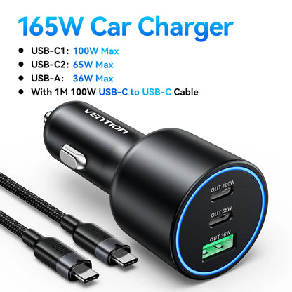 Vention 165W USB C Car Charger 3-Port Charging Adapter