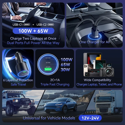 Vention 165W USB C Car Charger 3-Port Charging Adapter