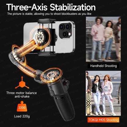 Foldable 3-Axis Phone Gimbal Stabilizer with Telescopic Rod