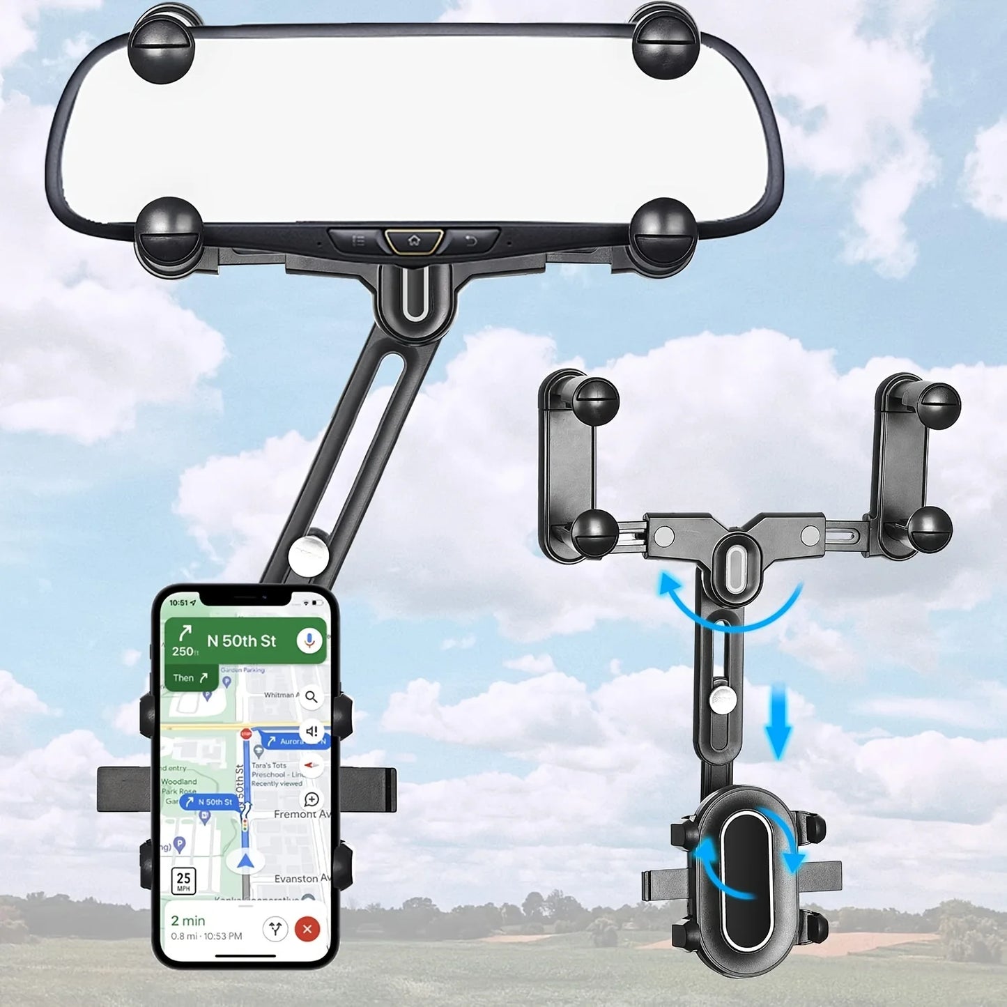 360° Car Rearview Mirror Mobile Phone Holder For Car Rotation