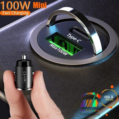 Mini 100W Car Charger Type C Dual USB Fast Charging