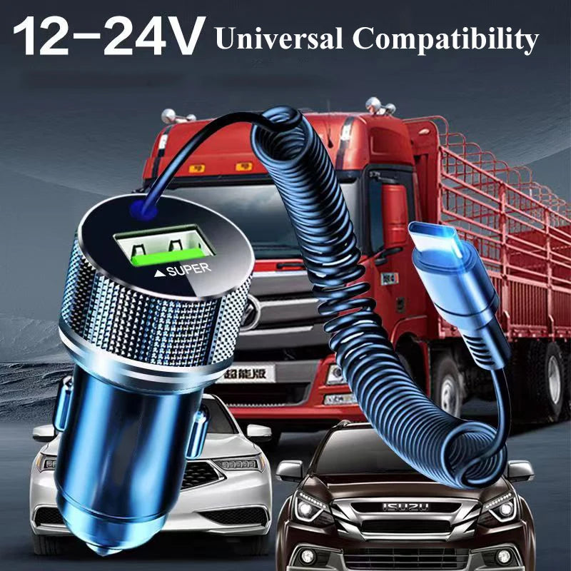 Metal USB Car Charger with Type C Cable 12V Super Fast Charging