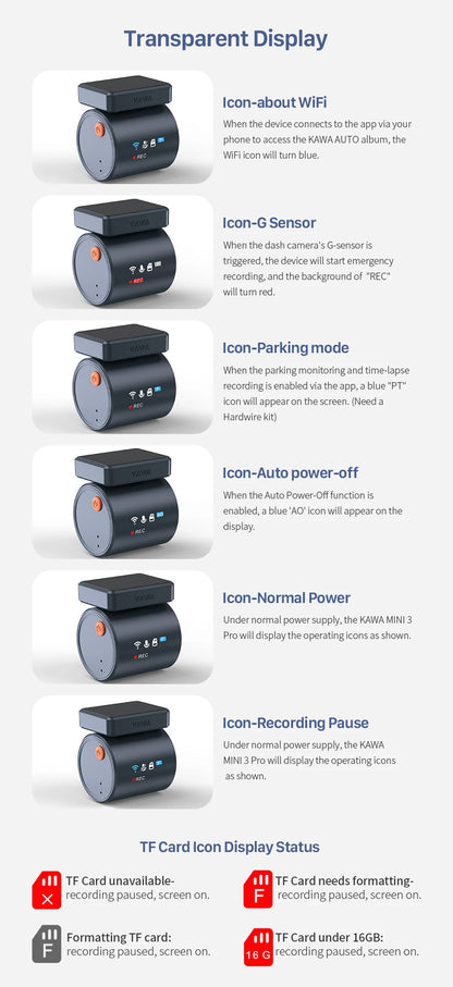 2K KAWA MINI 3 Pro Cameras for Car DVR Tiny Dash Cam