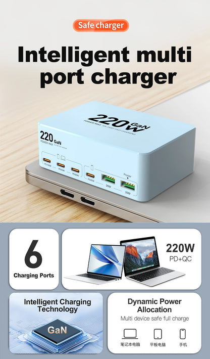 220W GaN USB Type C Fast Charger Portable Charging Station Charger