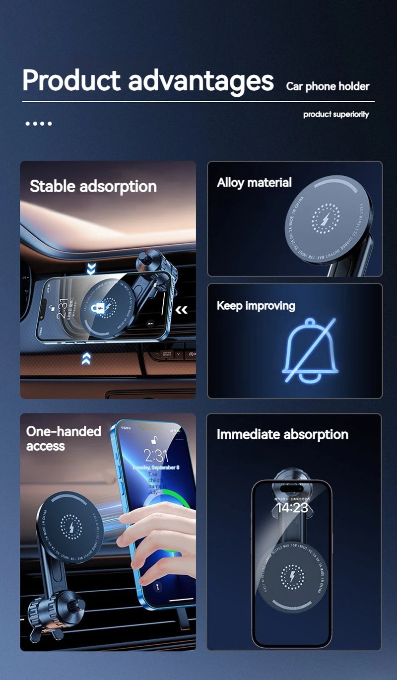 15W Car Magnetic Wireless Charger Holder with Metal Body - Fits Vent