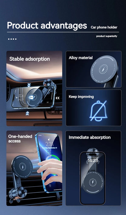 15W Car Magnetic Wireless Charger Holder with Metal Body - Fits Vent