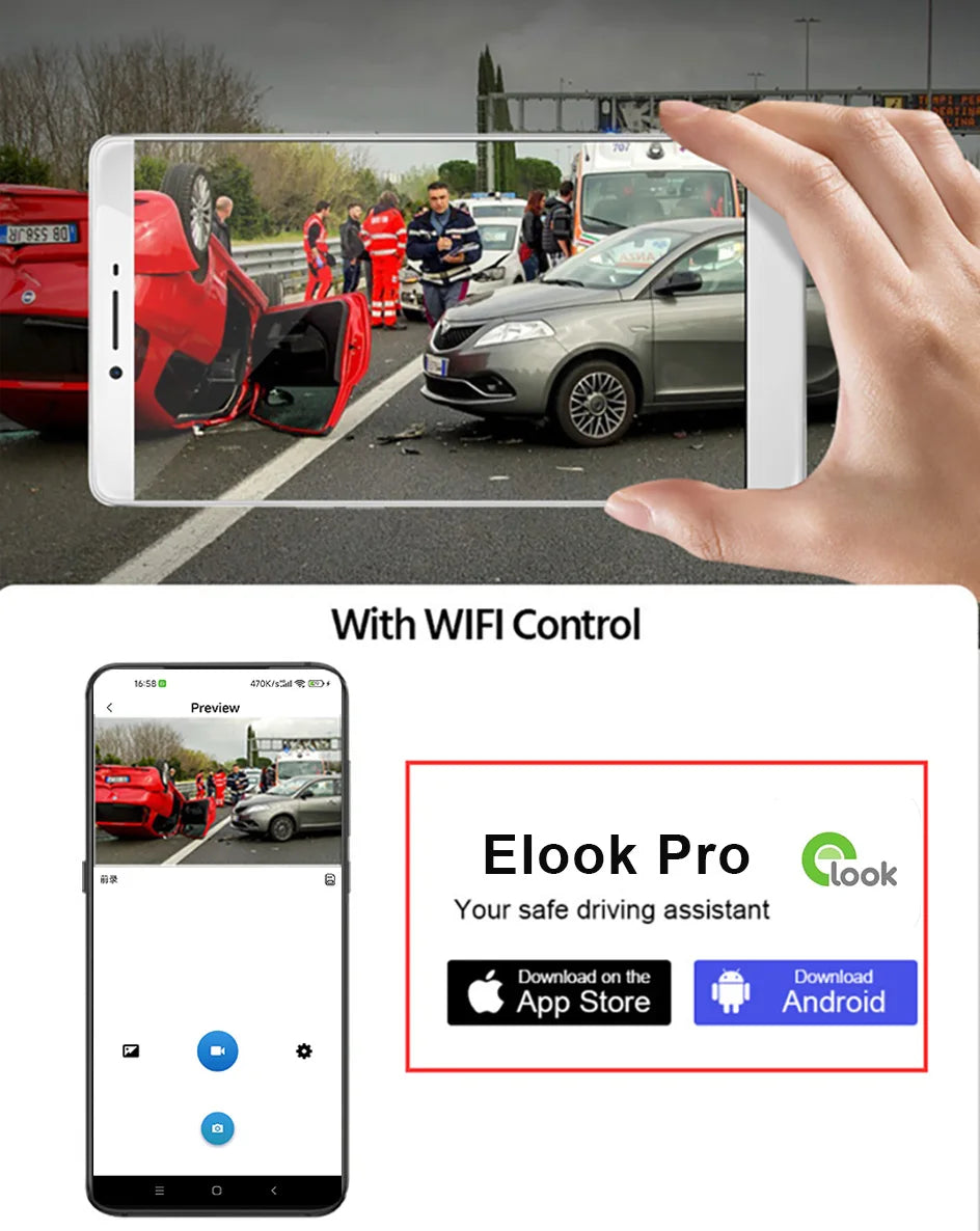 E-ACE 2K Car DVR WIFI GPS Stream Media Mirror Optional