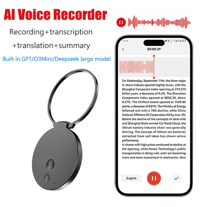 AI ChatGPT Voice Recorder 8-128GB Mini Keychain Recording Device