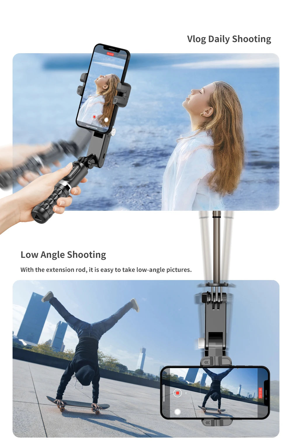 Bluetooth Smartphone Gimbal Stabilizer with Extendable Stick