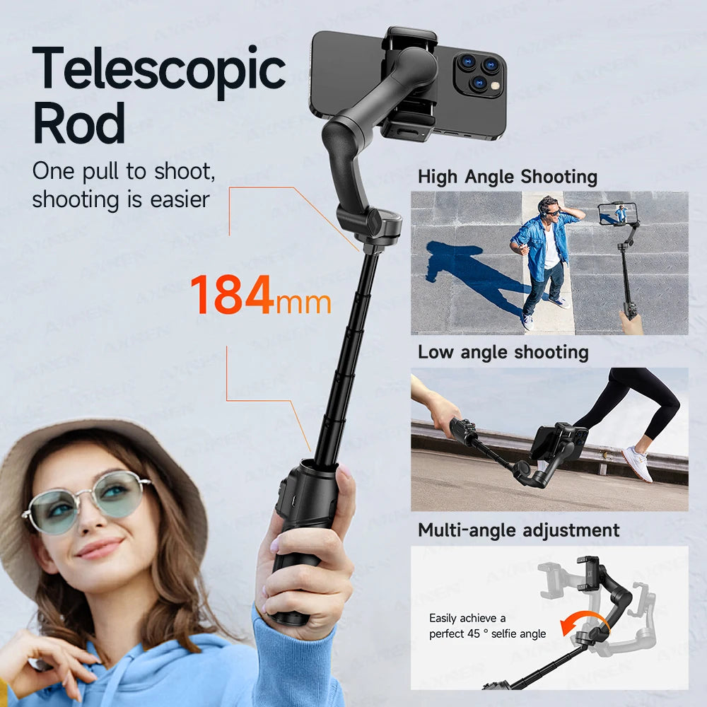 Foldable 3-Axis Phone Gimbal Stabilizer with Telescopic Rod