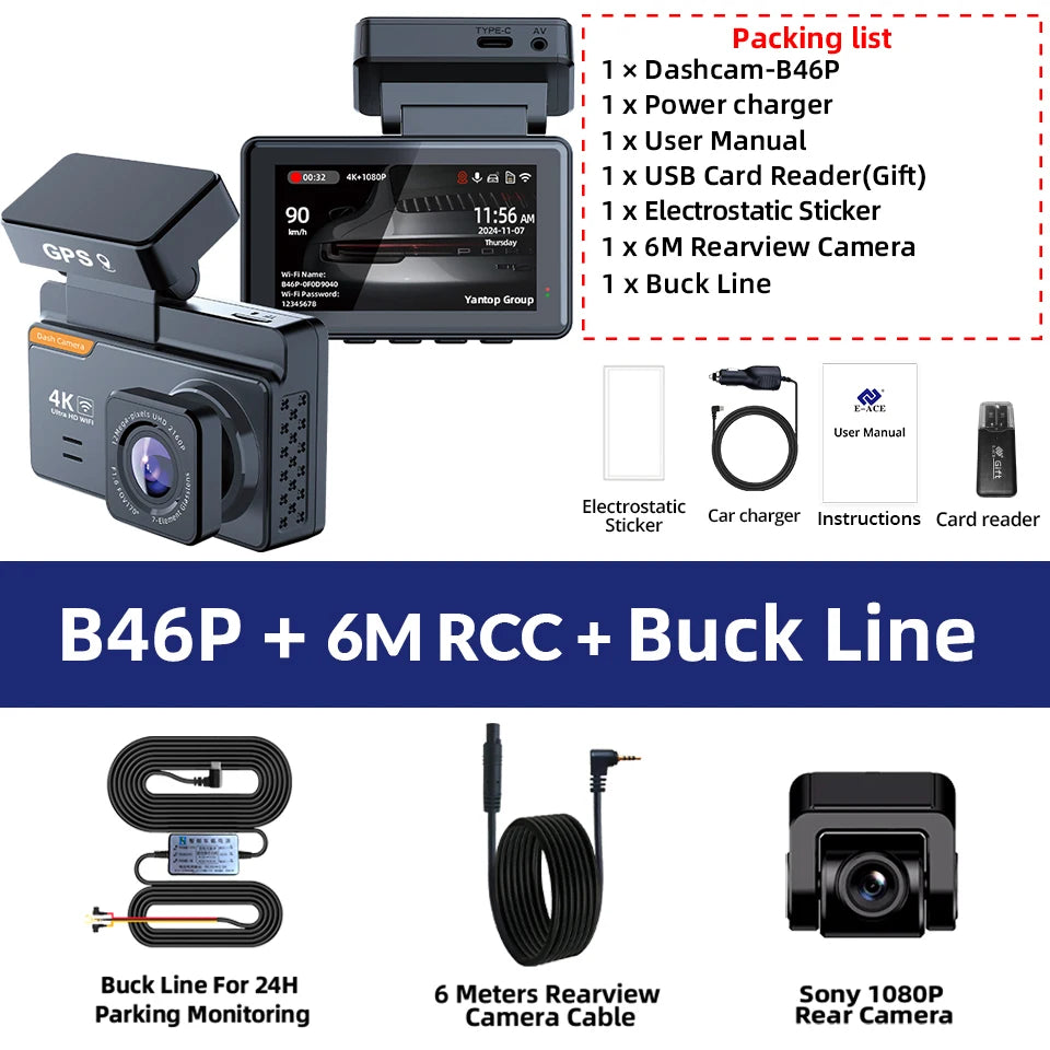 E-ACE Dash Cam 4K 3 Inch Mini Car Dvr Dual Lens