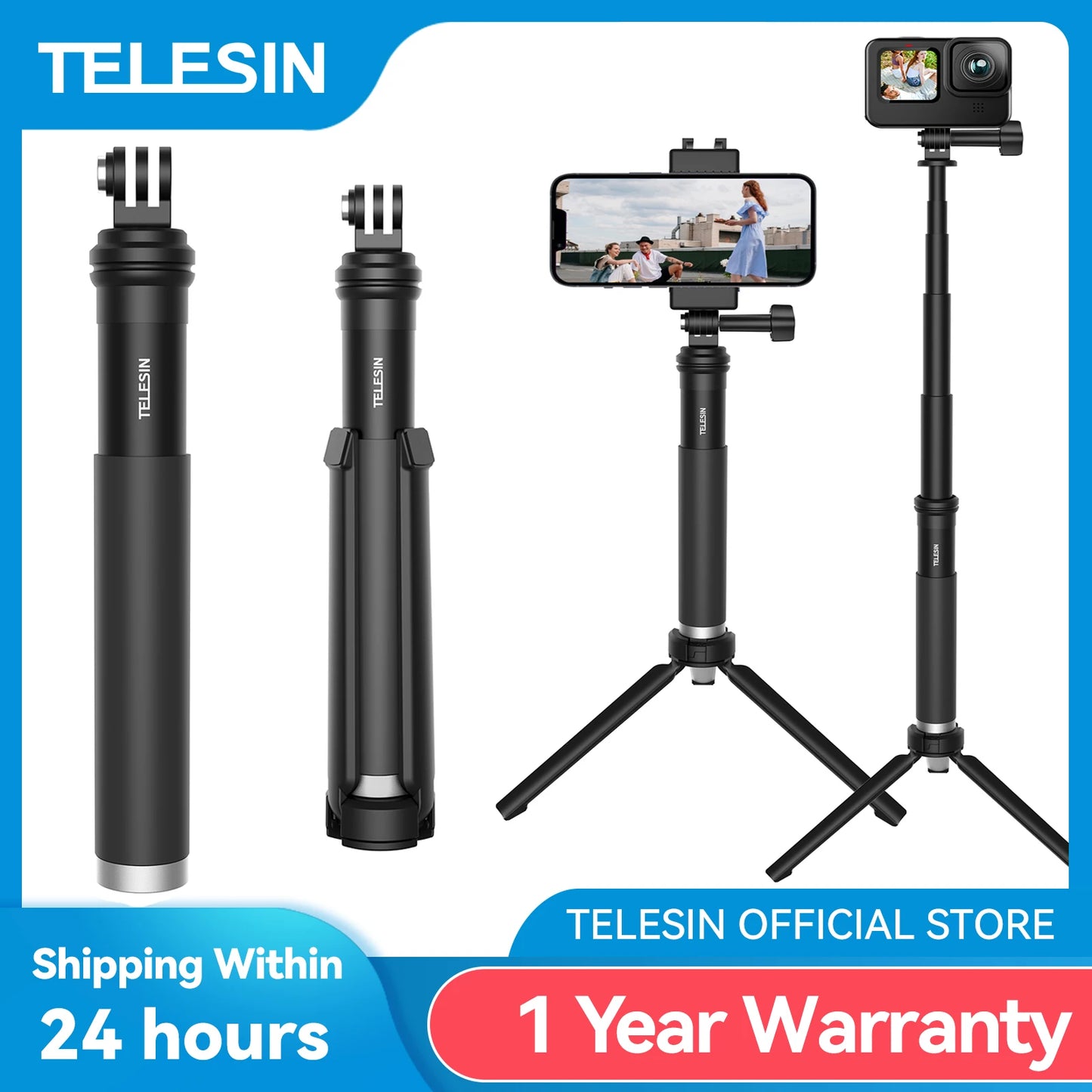 TELESIN For GoPro Selfie Stick Foldable Tripod Phone Holder