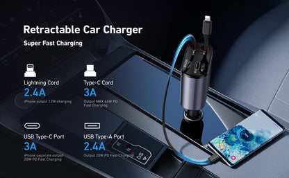 4 IN 1 Retractable Car Charger Mobile Phone USB PD Type C