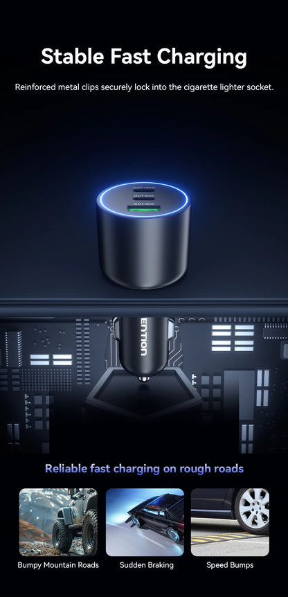 Vention 165W USB C Car Charger 3-Port Charging Adapter