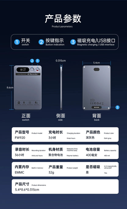 AI Voice Recorder Min Magnetic Powerd ChatGPT-4 App Translator