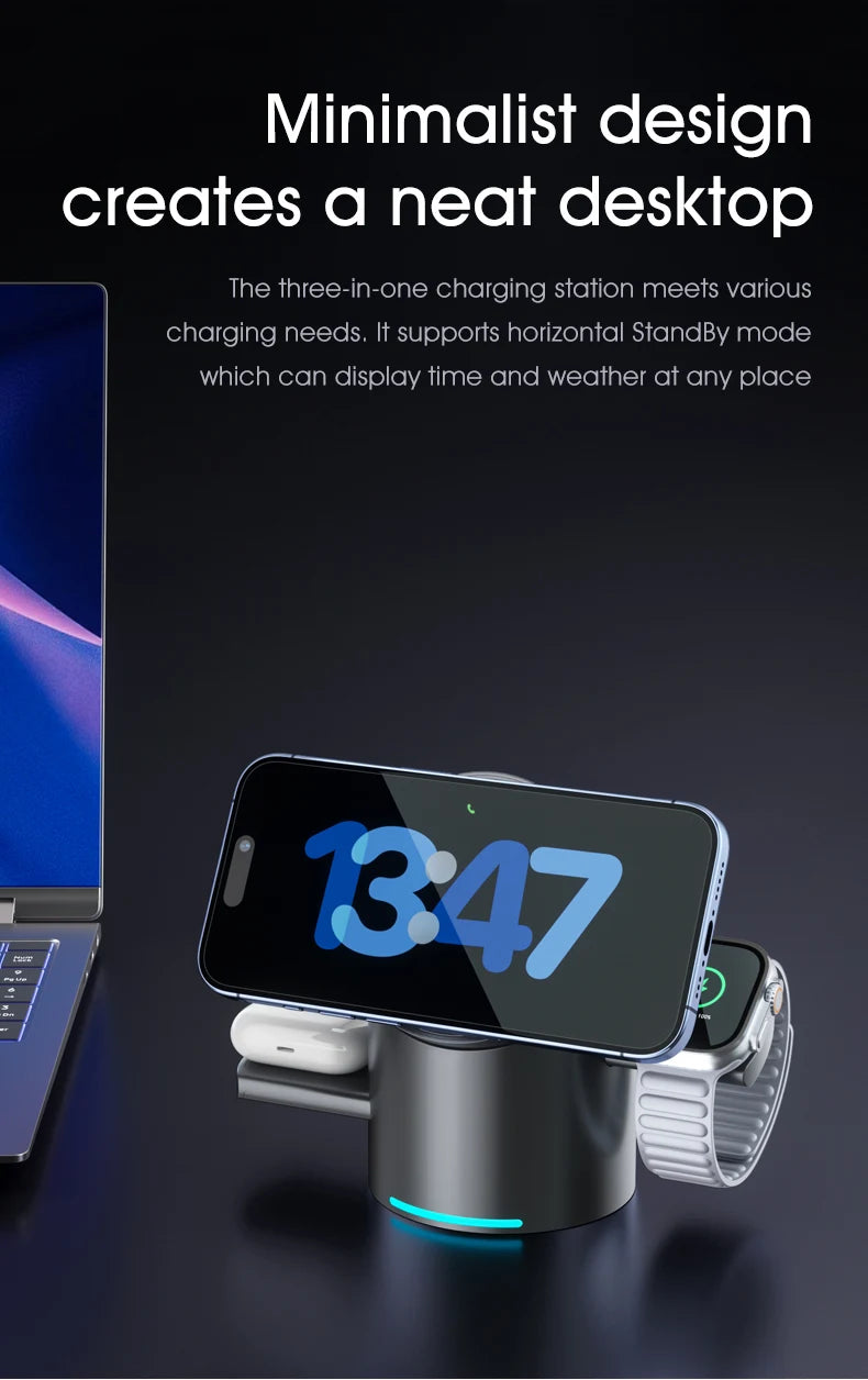 3 In 1 Magnetic Touch Button Wireless Charger For Android iPhone iWatch