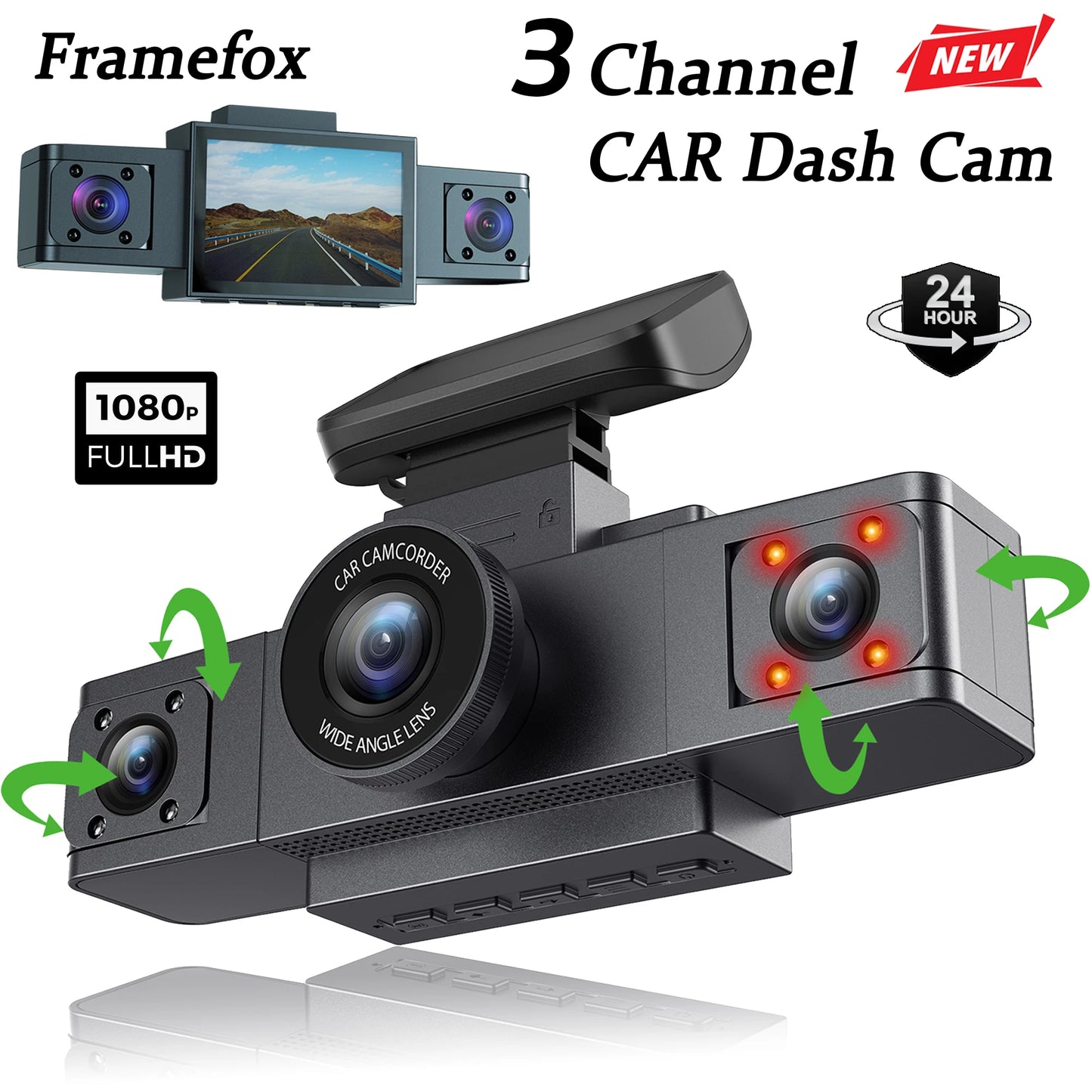 Framefox 3Channel Dash Cam  Black Box 3 Cameras