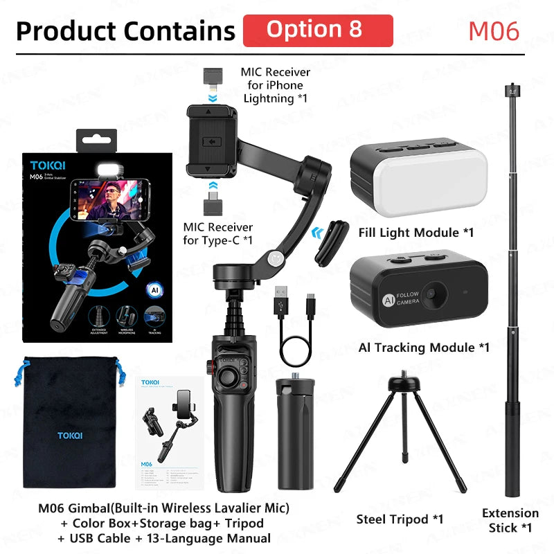 Foldable 3-Axis Phone Gimbal Stabilizer with Telescopic Rod